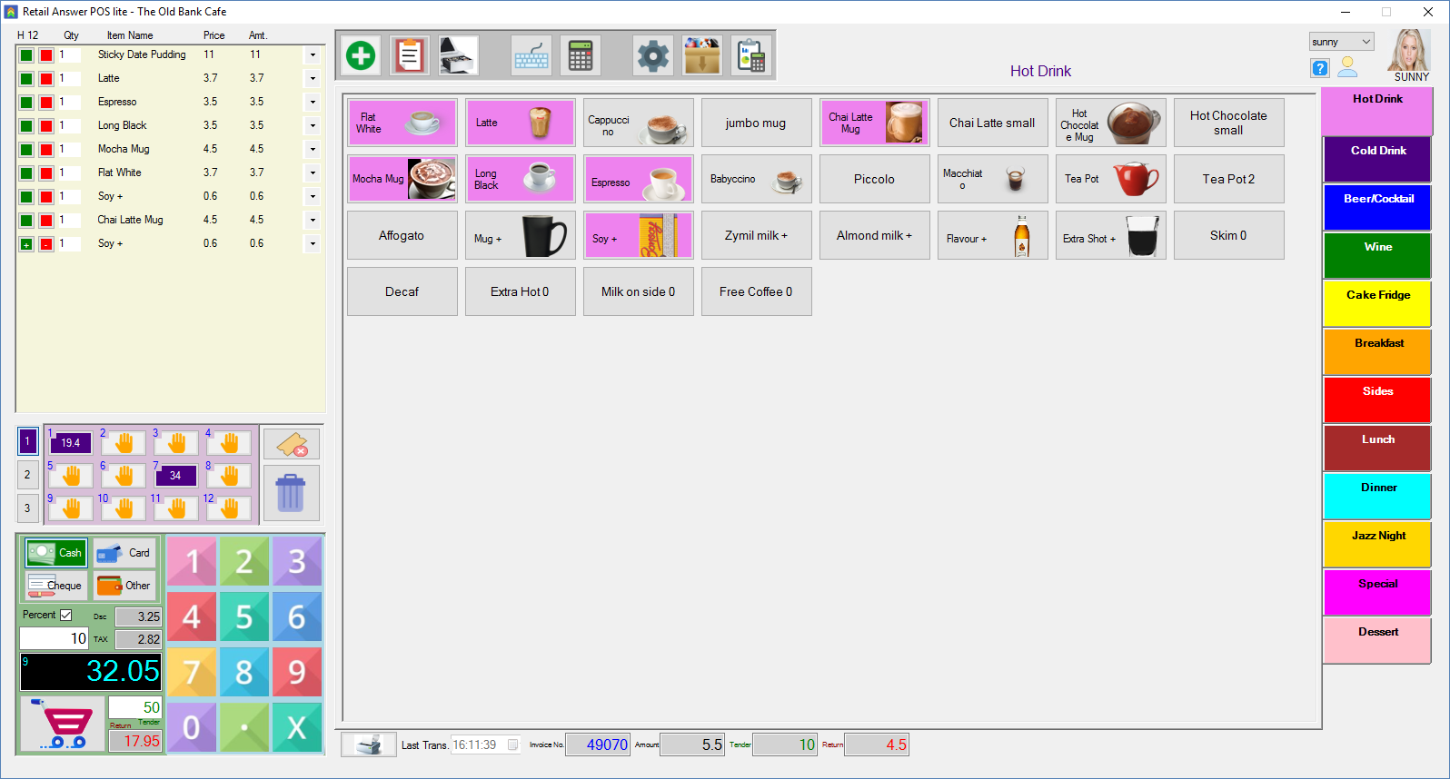 Retail Answer POS checkout screen: an order list, menu buttons for hot drinks, category buttons and a number pad